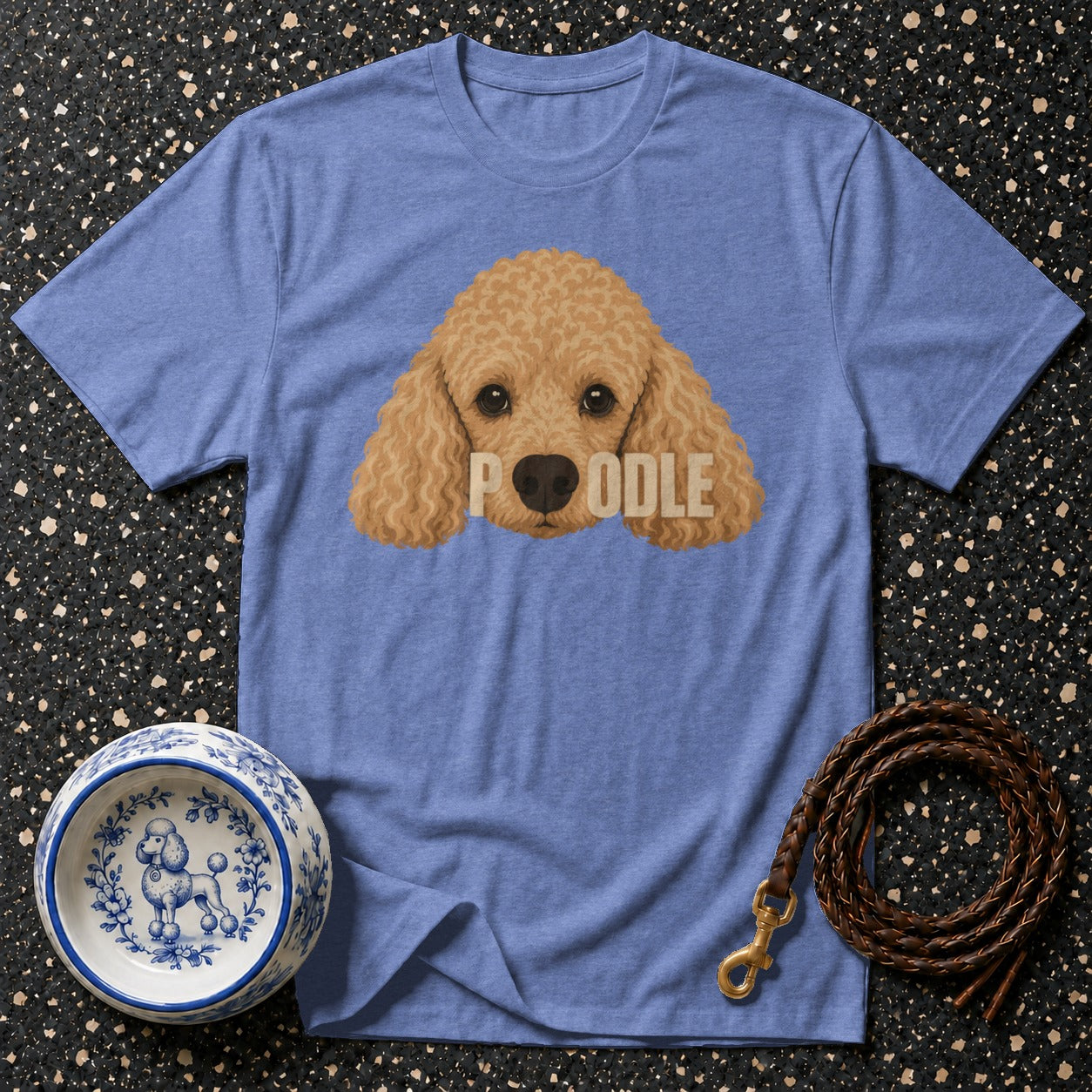 Blue t-shirt with a tan poodle illustration and the word "POODLE" across its face.
