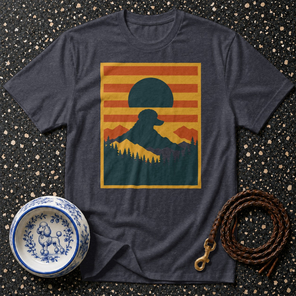T-shirt with a stylized dog and mountain sunset graphic.