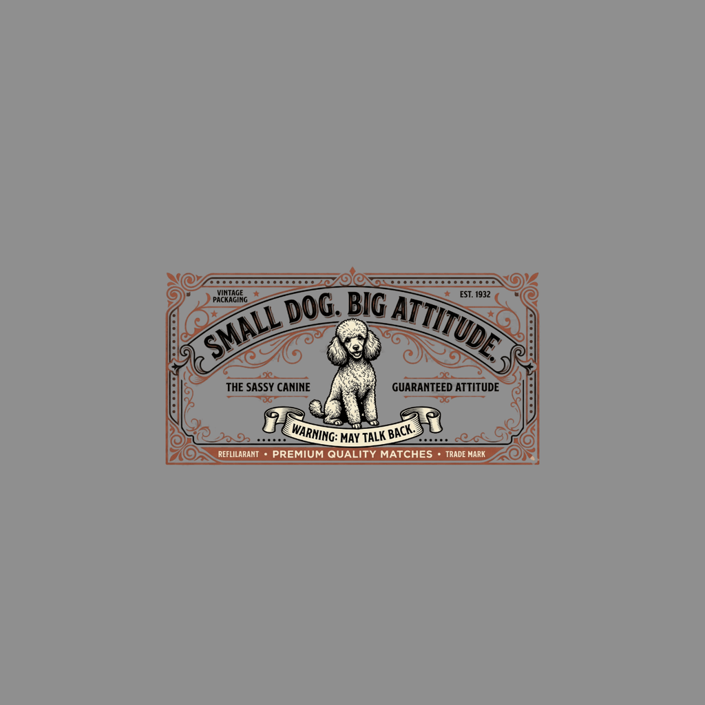 Vintage packaging label with poodle and text "Small Dog. Big Attitude."