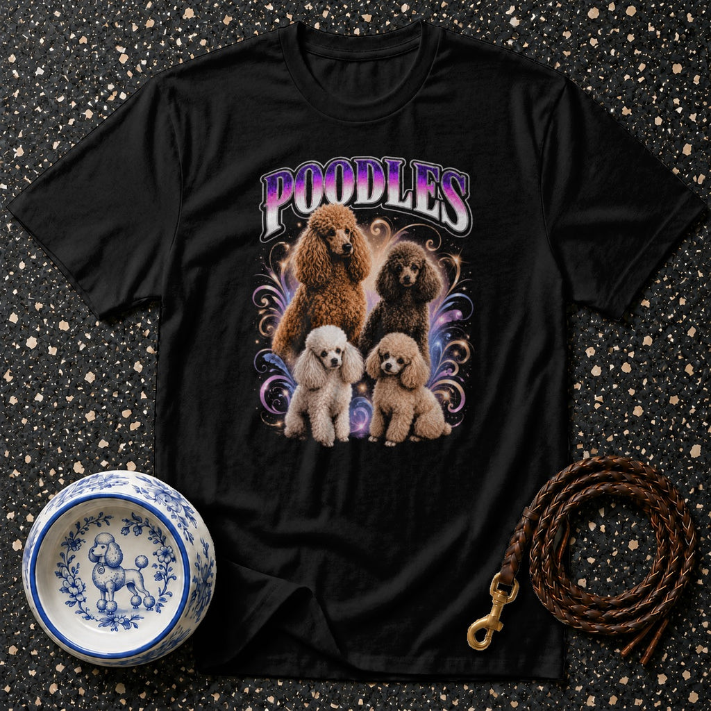 Black t-shirt with colorful poodles and "POODLES" text graphic.