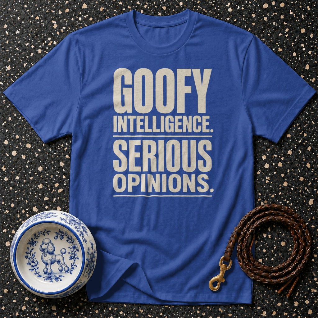Blue t-shirt with "GOOFY INTELLIGENCE. SERIOUS OPINIONS." text, dog bowl, and leash.