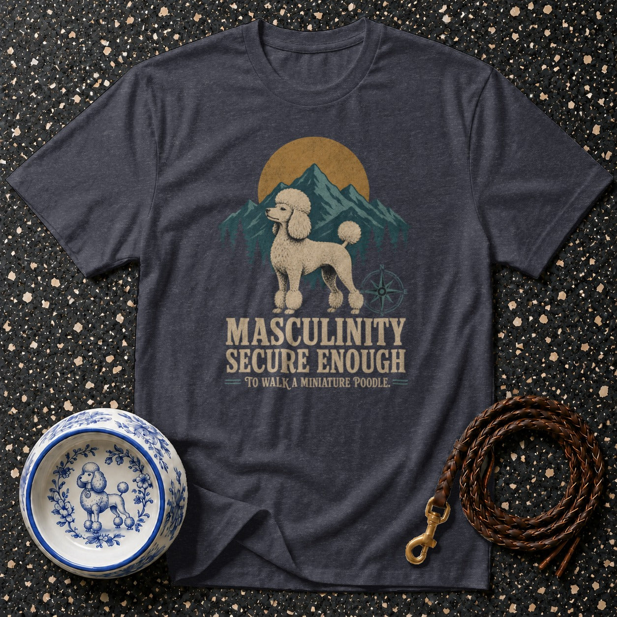 T-shirt with poodle, mountains, moon, and text "Masculinity Secure Enough".