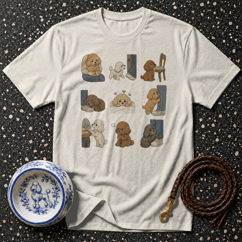 T-shirt with a grid of nine illustrations of poodles in various poses and interactions.