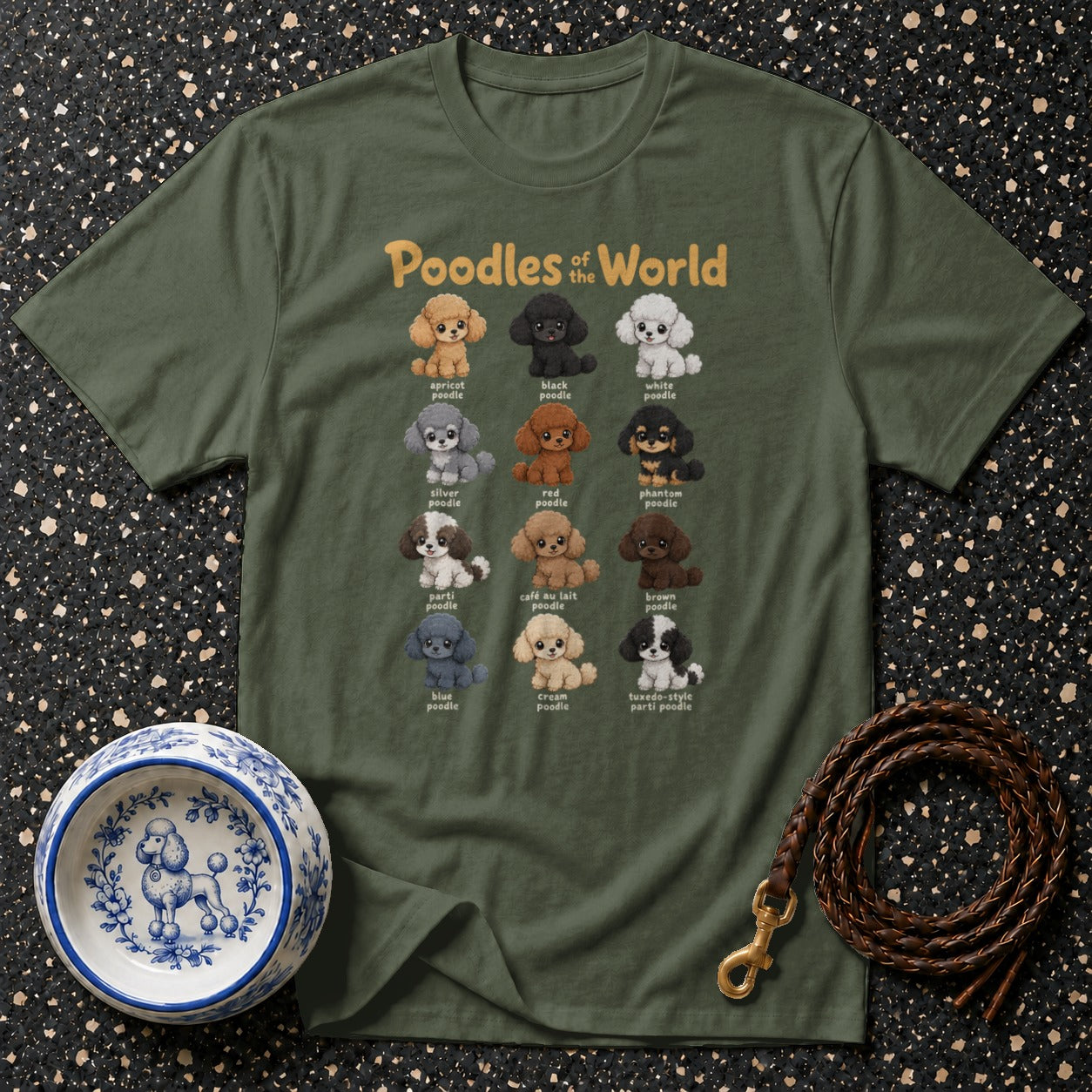 Dark green t-shirt with "Poodles of the World" and illustrations of poodles in various colors and patterns.