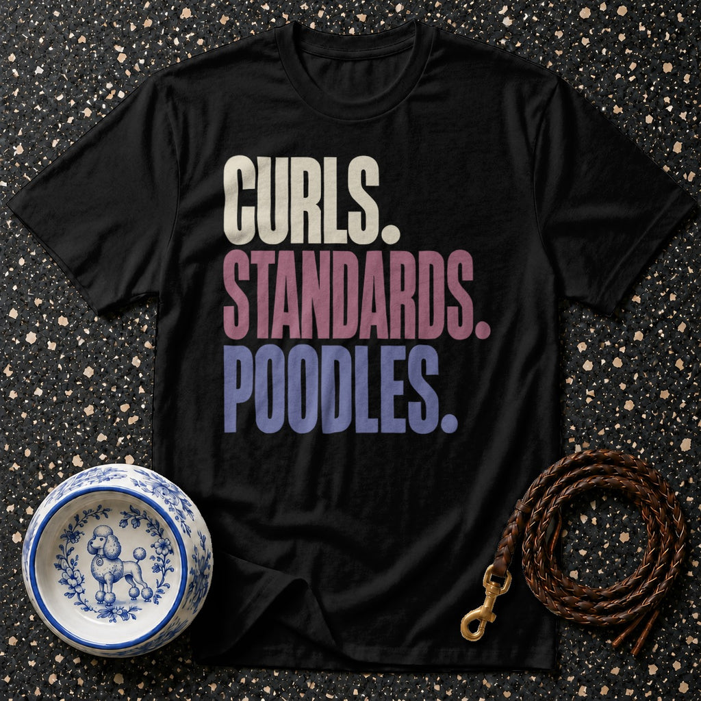 Black t-shirt with "Curls. Standards. Poodles." text, dog bowl, and leash.