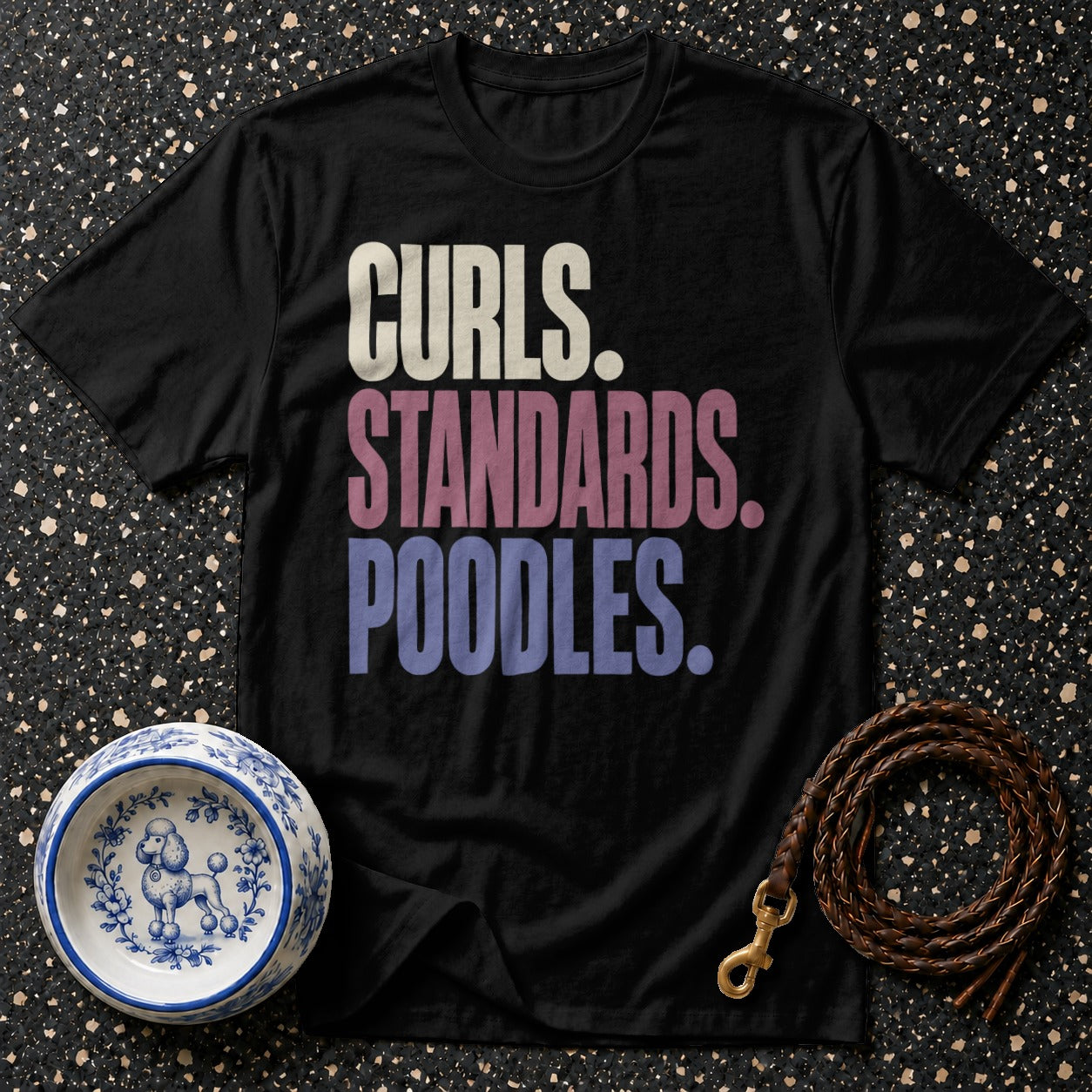 Black t-shirt with "Curls. Standards. Poodles." text, dog bowl, and leash.