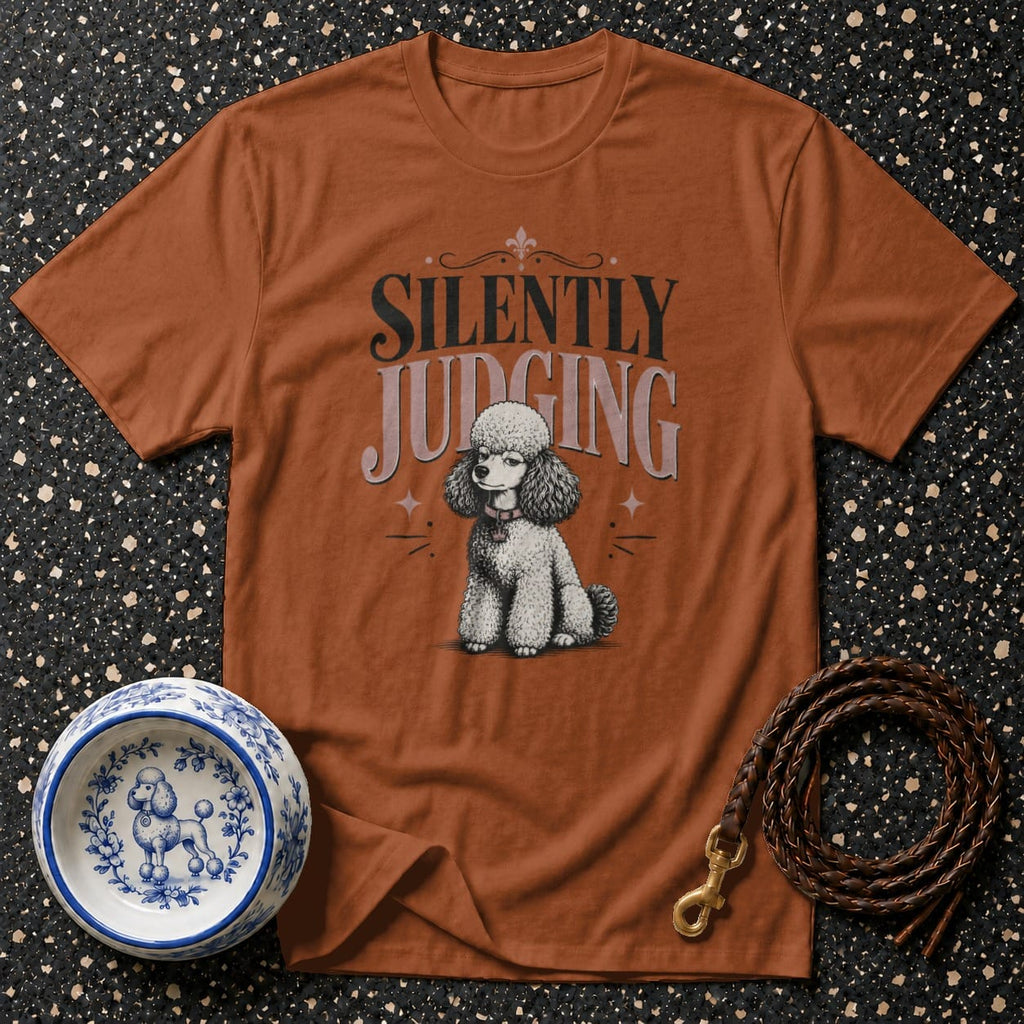 Orange t-shirt with "Silently Judging" text and a poodle graphic.