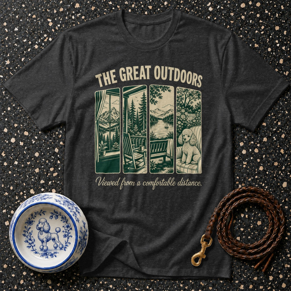 Dark gray t-shirt with "The Great Outdoors" and scenic panels including a poodle.
