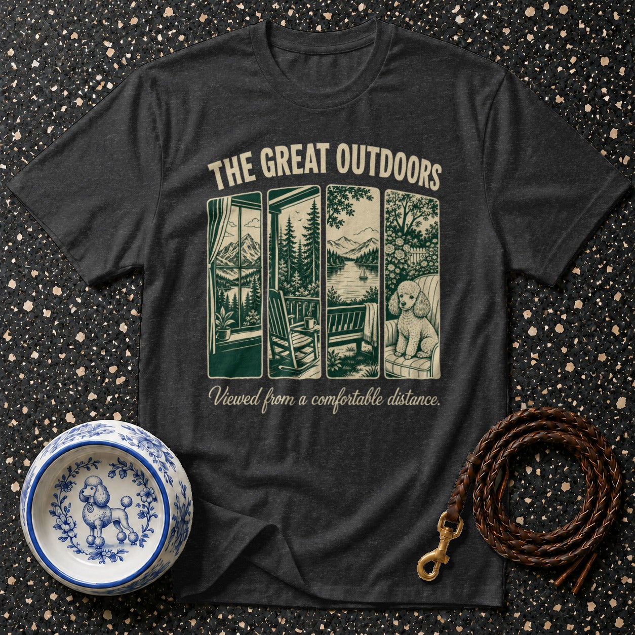 Dark gray t-shirt with "The Great Outdoors" and scenic panels including a poodle.