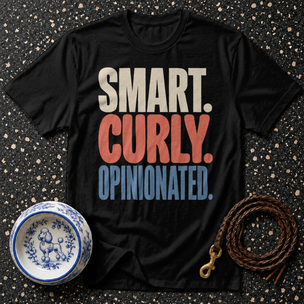 Black t-shirt with "SMART. CURLY. OPINIONATED." text, dog bowl, and leash.