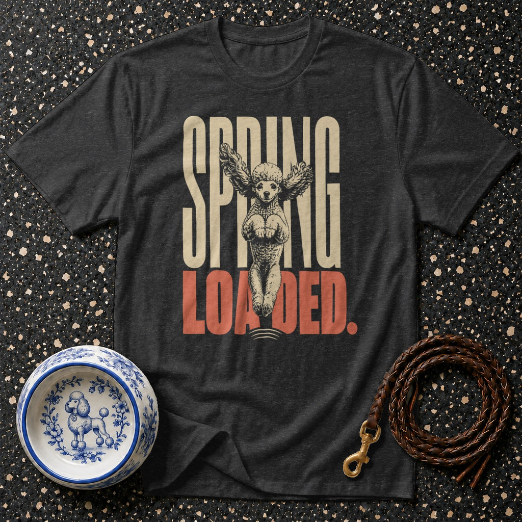 Dark t-shirt with "SPRING LOADED" text and a poodle with wings graphic.