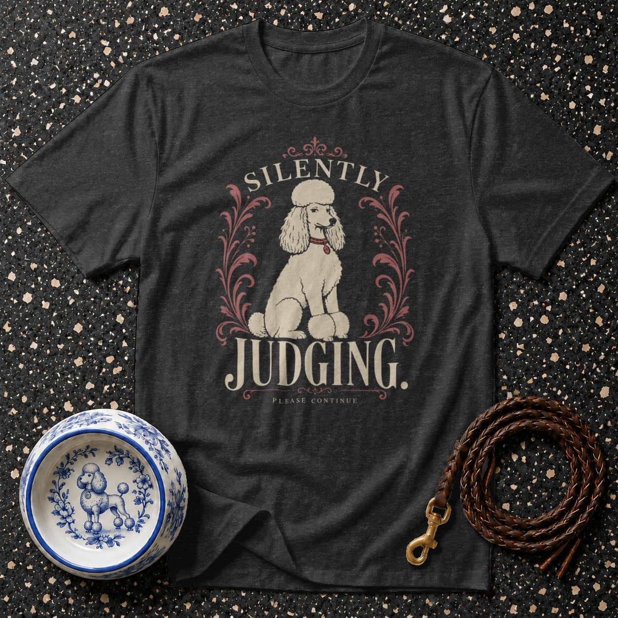 Dark grey t-shirt with "SILENTLY JUDGING" and a poodle graphic.