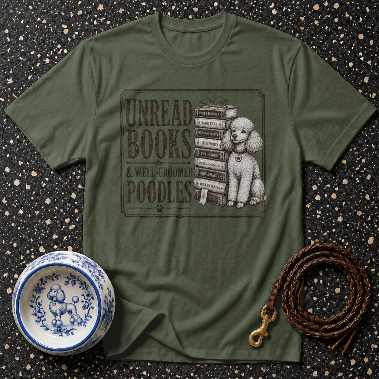 Green t-shirt with "Unread Books & Well-Groomed Poodles" and a sitting poodle.