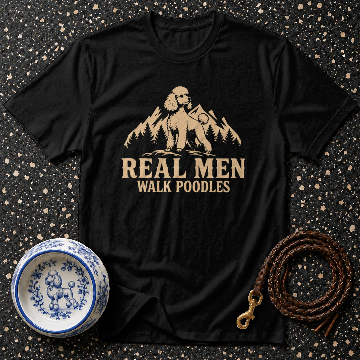 Black t-shirt with "REAL MEN WALK POODLES" and poodle graphic.