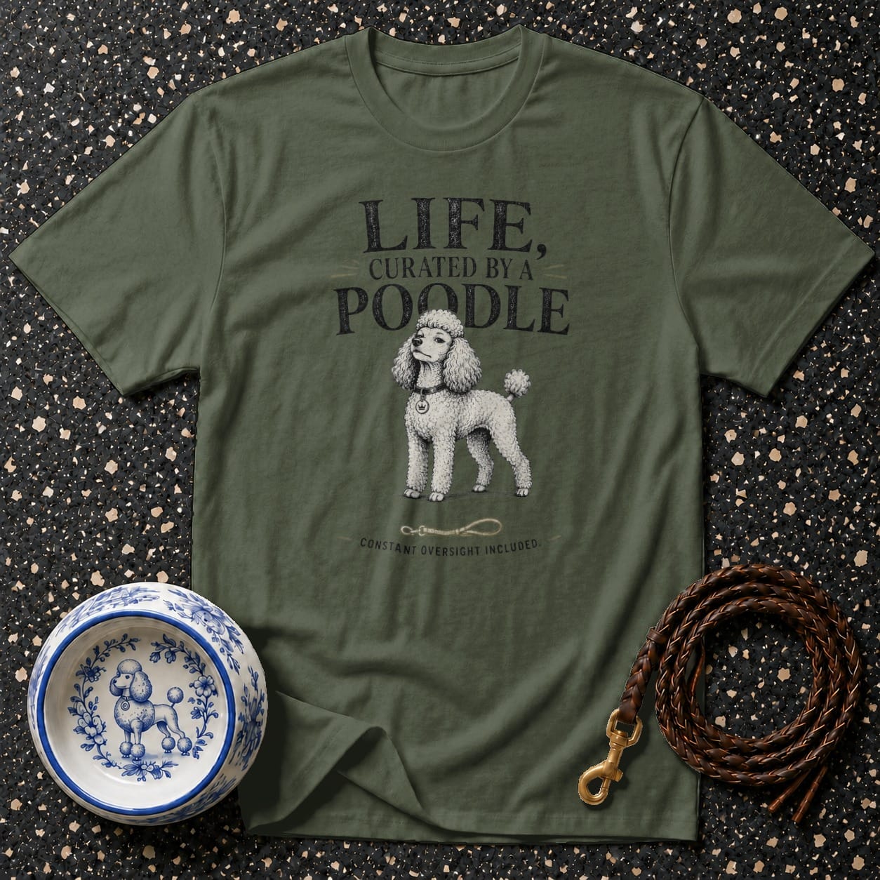 Green t-shirt with "LIFE, CURATED BY A POODLE" and a poodle illustration.