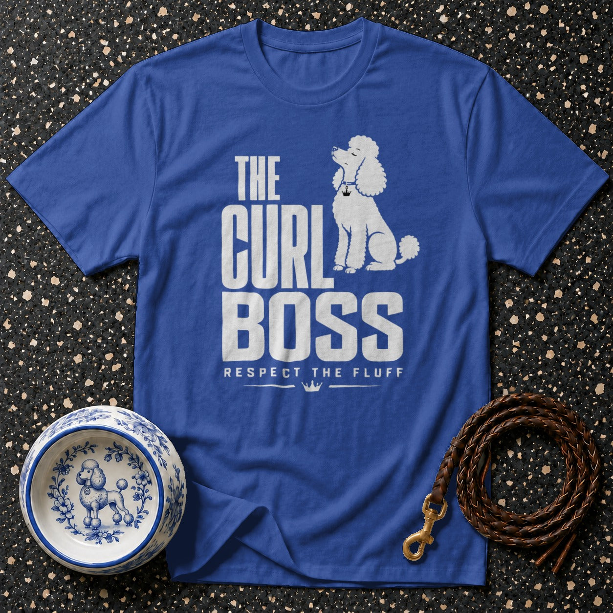 Blue t-shirt with "The Curl Boss Respect The Fluff" text and poodle graphic.