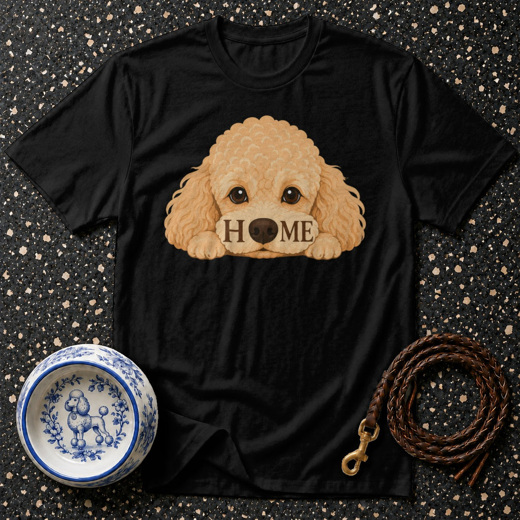 Black t-shirt with a poodle graphic and the word "HOME".