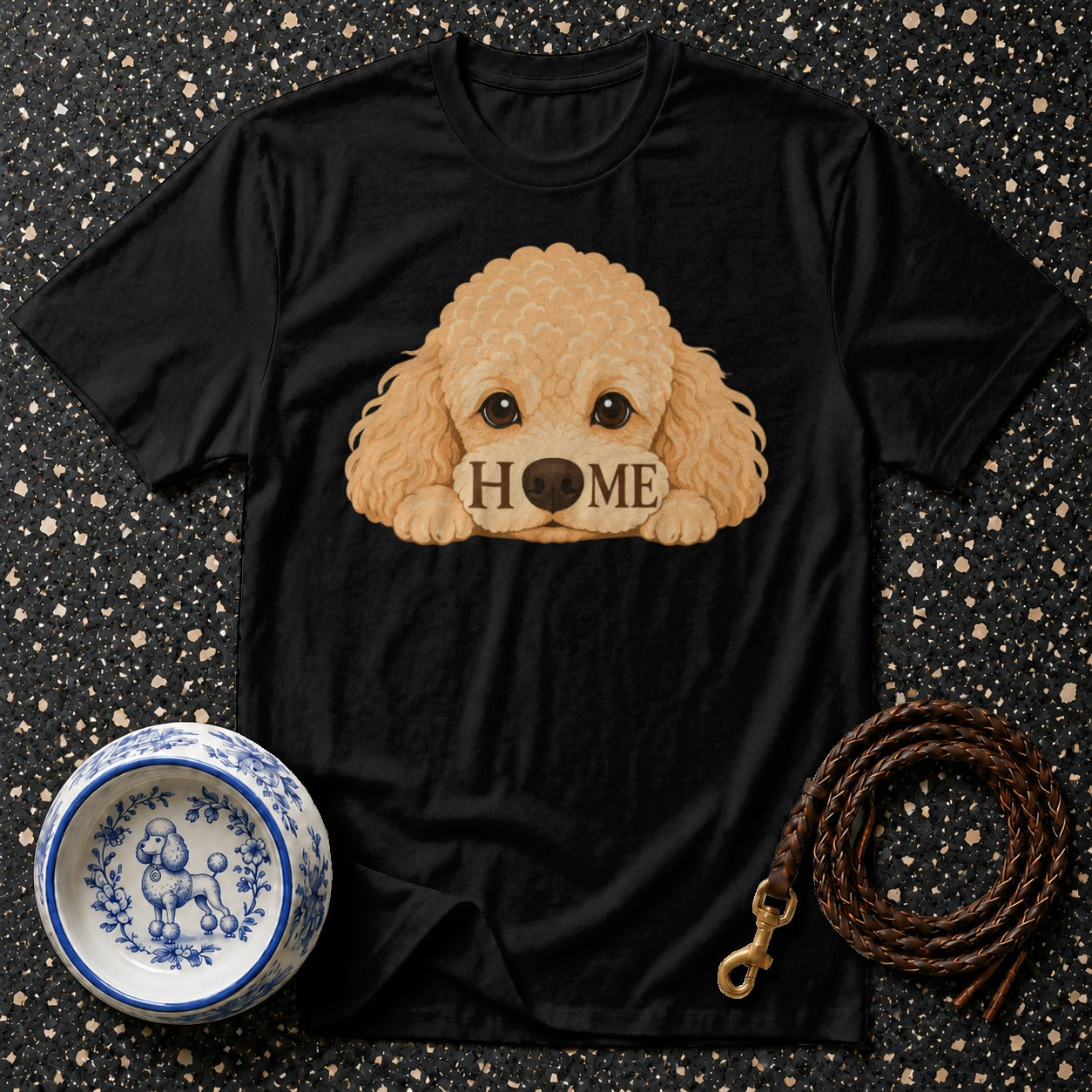 Black t-shirt with a poodle graphic and the word "HOME".