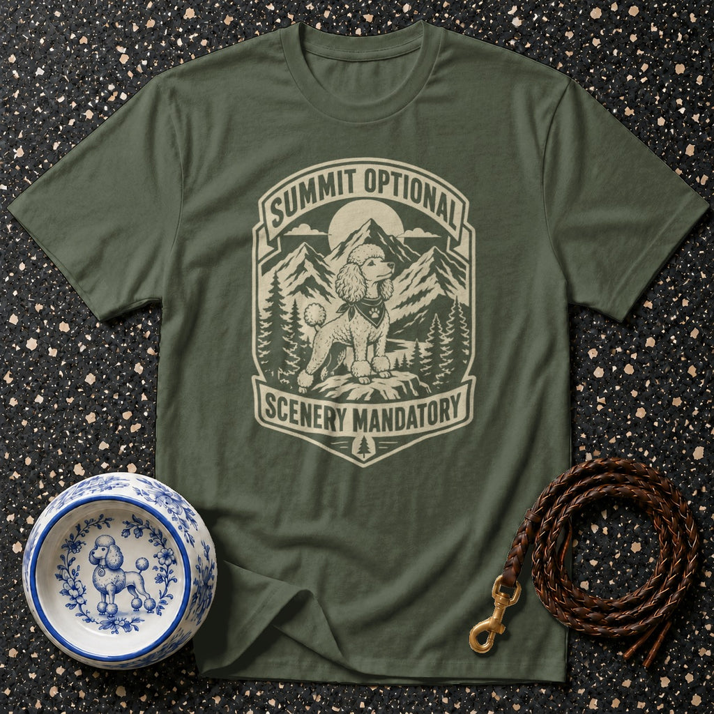 Olive green t-shirt with a poodle in a mountain scene graphic that reads "Summit Optional Scenery Mandatory."