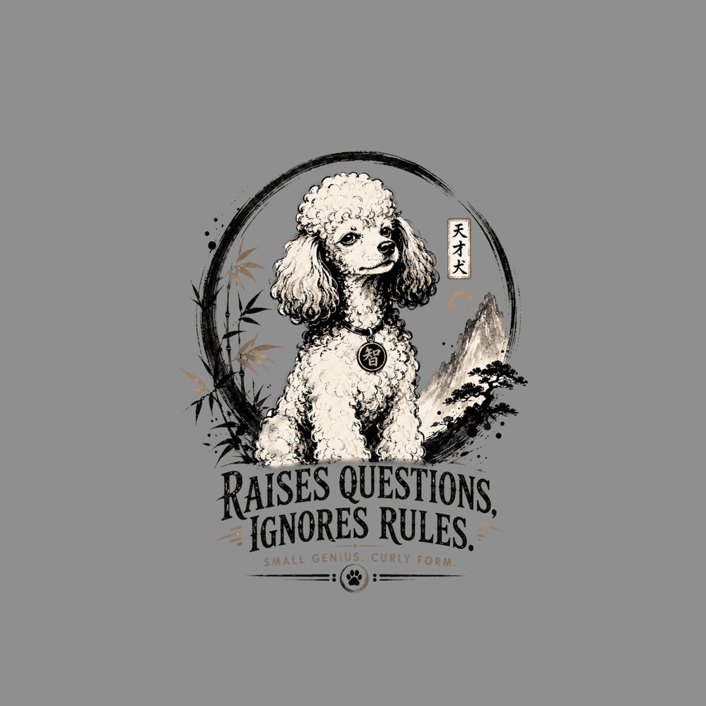 Poodle sits in a circle with bamboo, mountains, and Japanese text. Text reads "Raises Questions, Ignores Rules."
