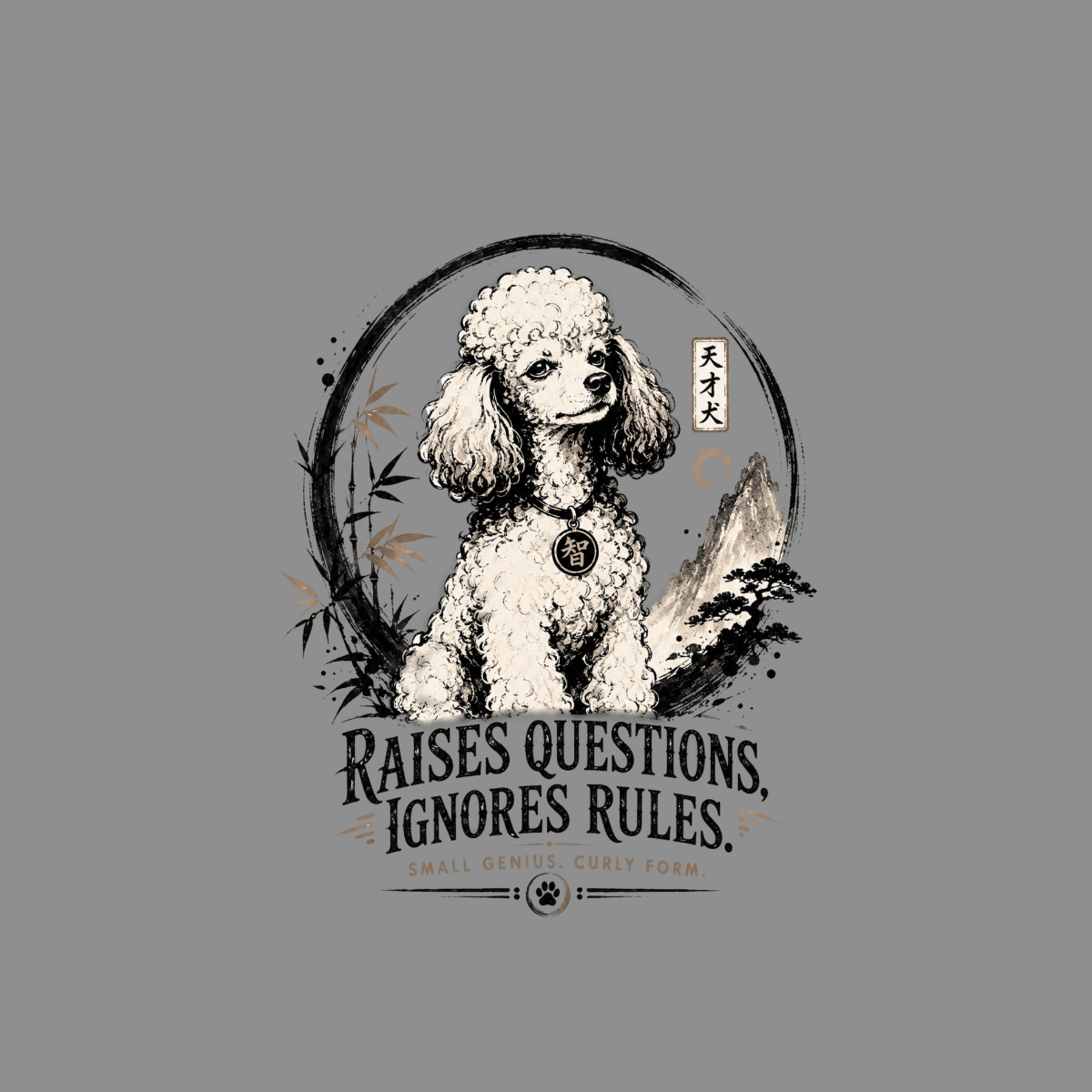 Poodle sits in a circle with bamboo, mountains, and Japanese text. Text reads "Raises Questions, Ignores Rules."