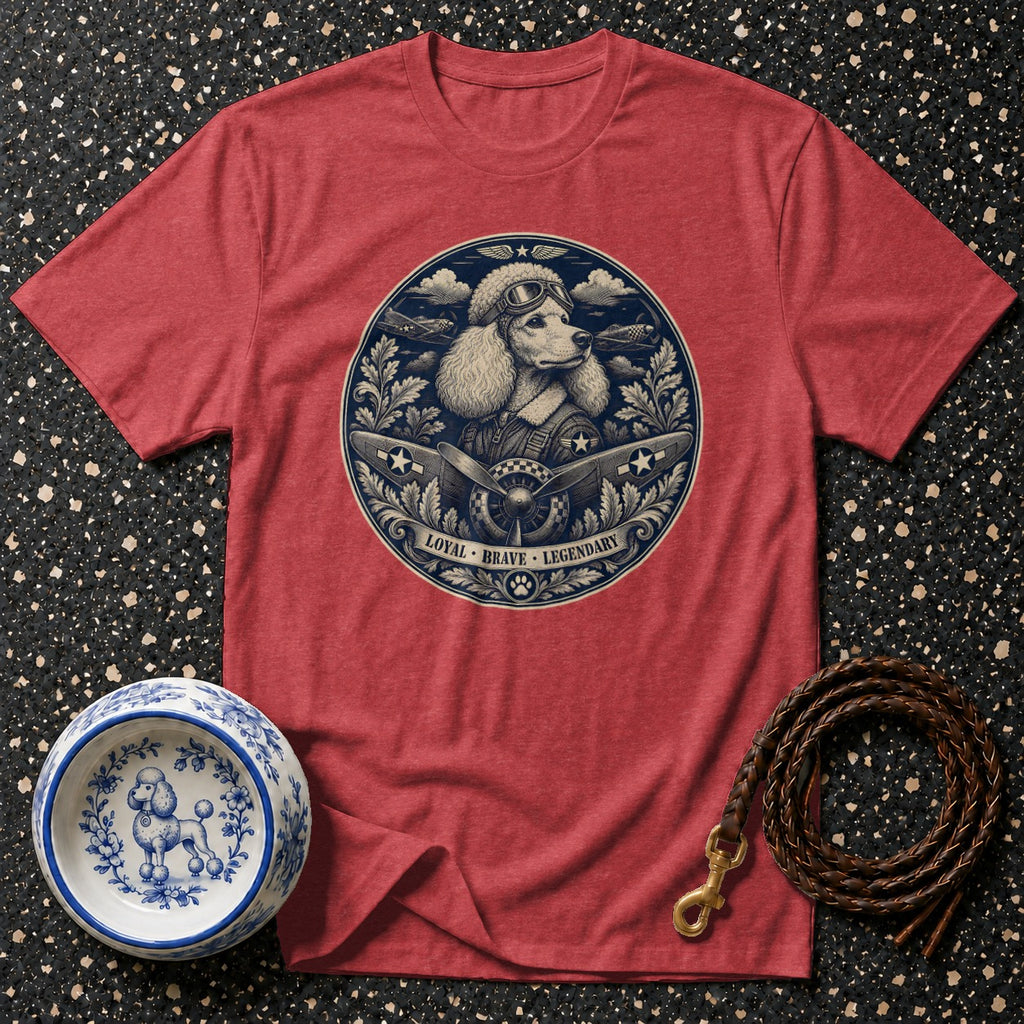 Red t-shirt with a circular graphic of a poodle pilot surrounded by planes and clouds.