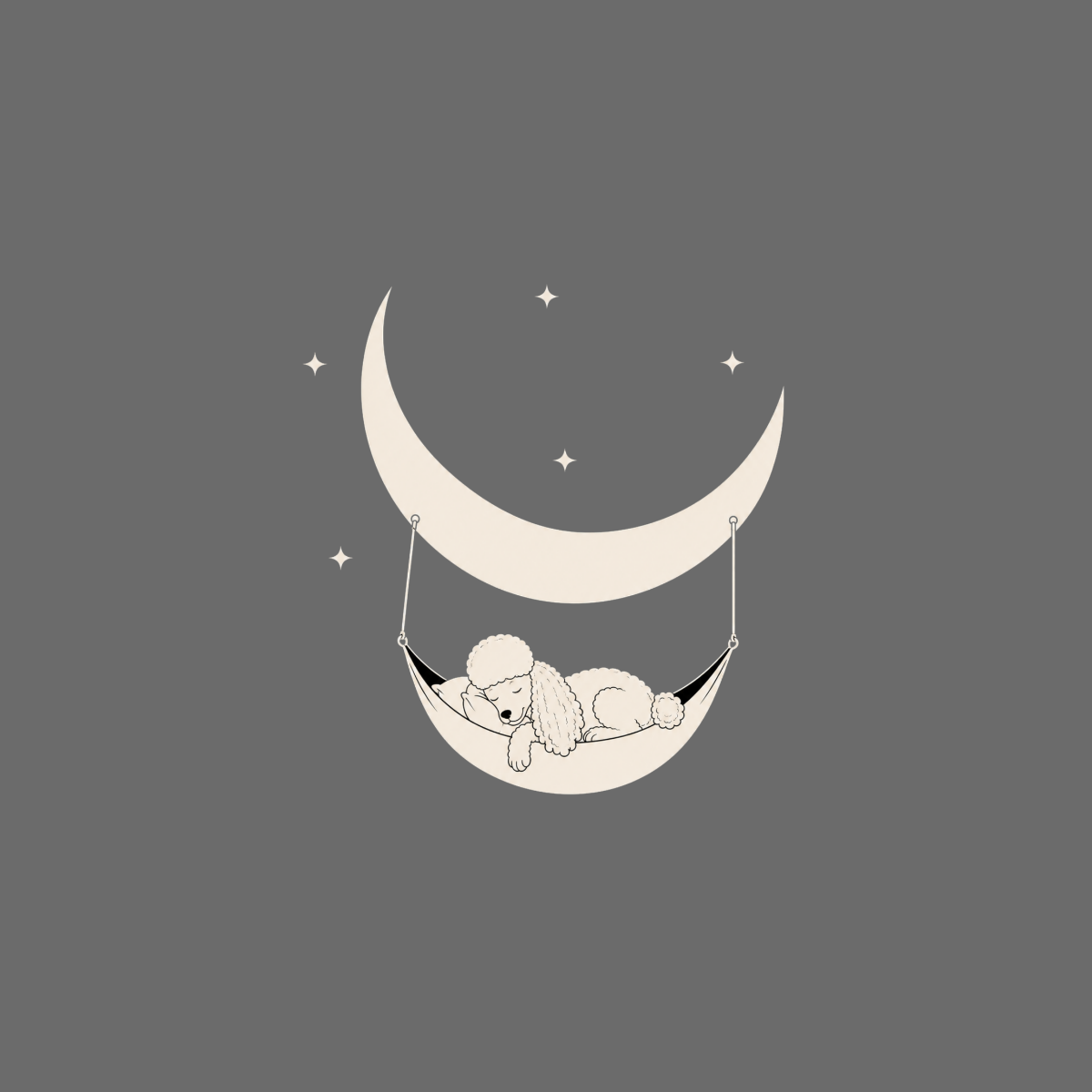 Poodle sleeping in a crescent moon hammock surrounded by stars.