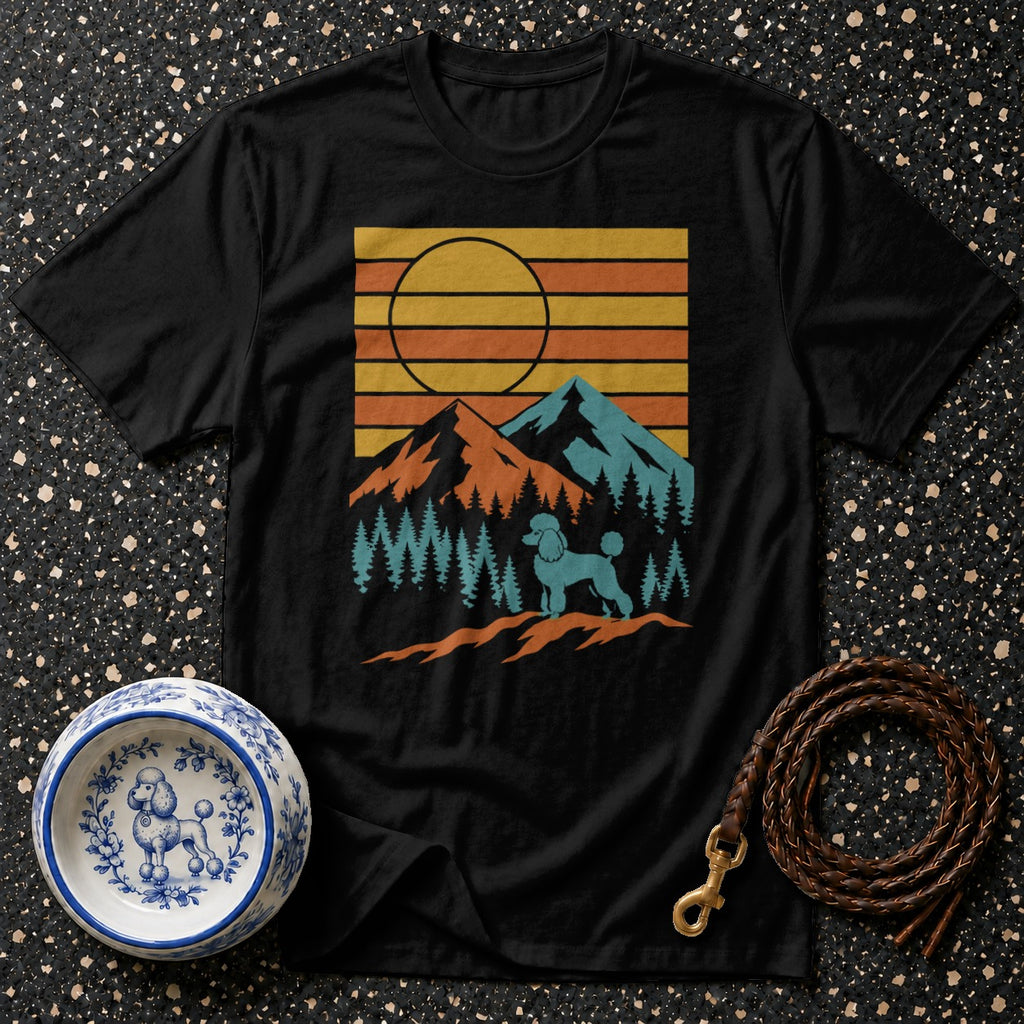 Black t-shirt with retro mountain sunset graphic featuring a poodle.