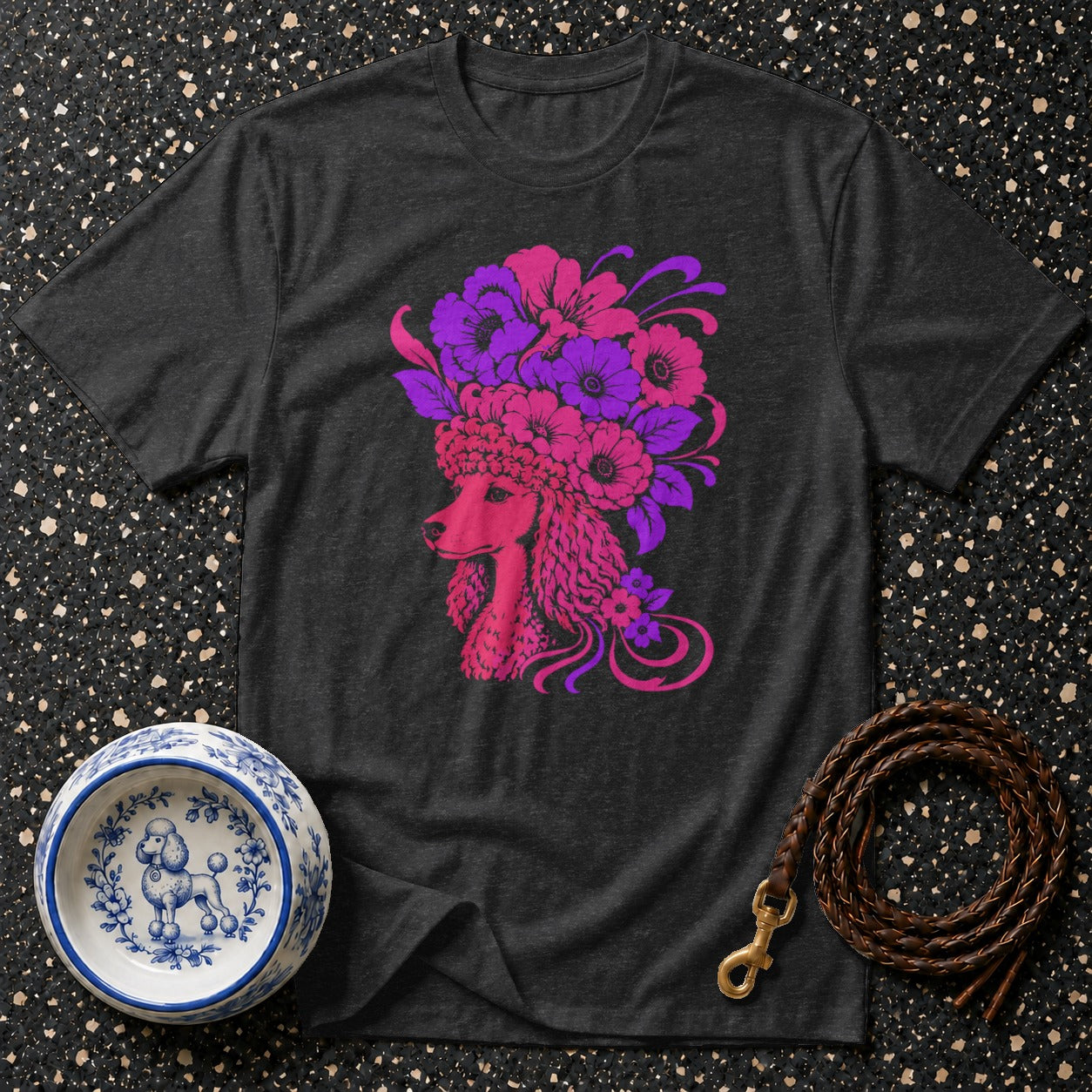 Dark grey t-shirt with pink and purple poodle floral head graphic.