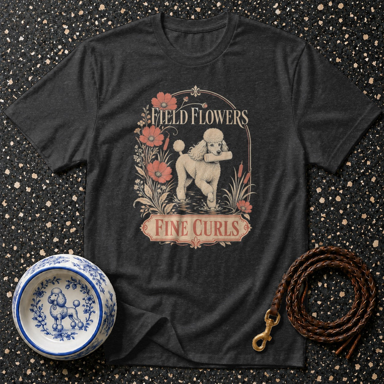 T-shirt with "Field Flowers Fine Curls" text and a poodle graphic.