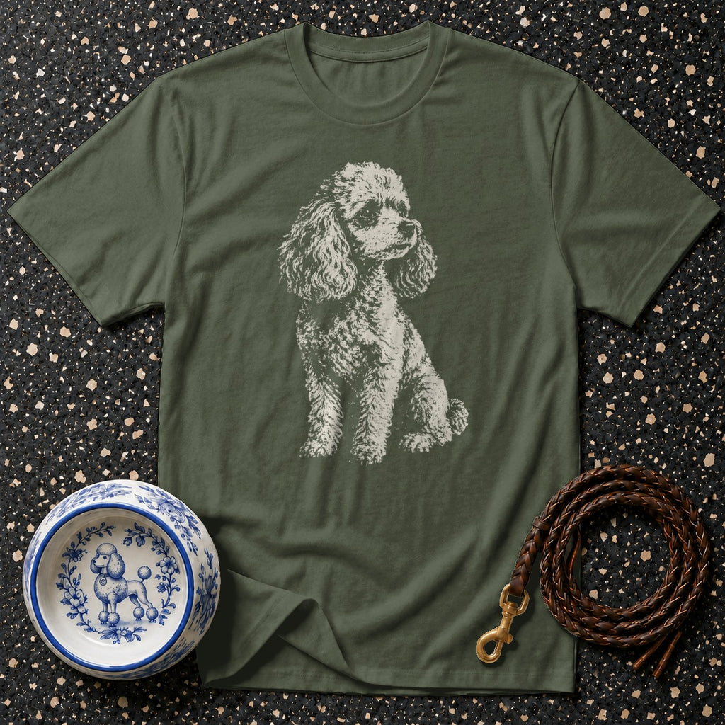 Green t-shirt with poodle graphic, blue and white dog bowl, and leather leash.