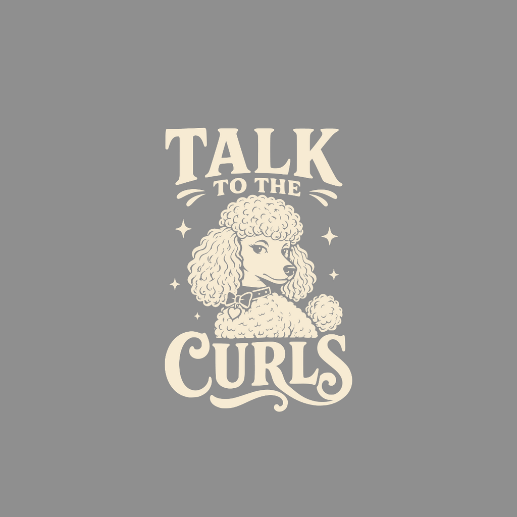 Talk to the curls, cream poodle with bow and stars.