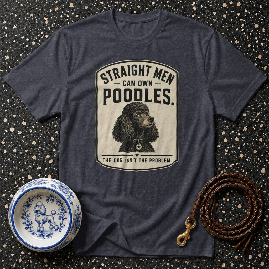 Dark grey t-shirt with vintage poodle graphic and text: "Straight men can own poodles. The dog isn't the problem."