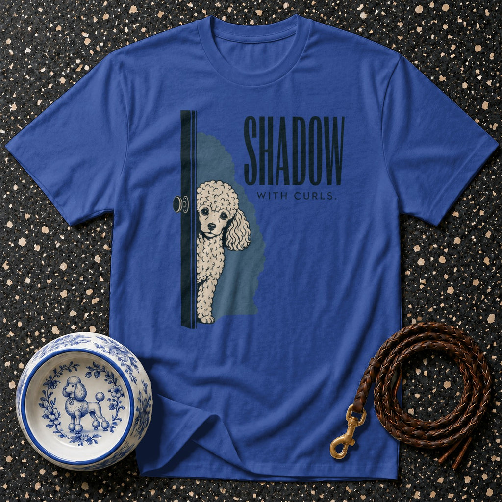 Blue t-shirt with poodle graphic and "Shadow With Curls" text.