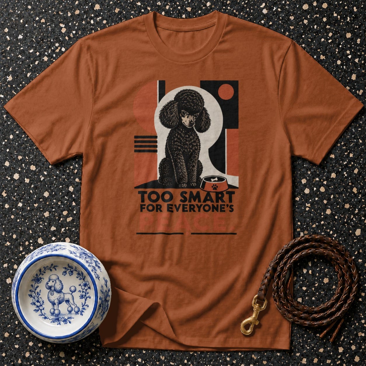 Orange t-shirt with a black poodle graphic and text "TOO SMART FOR EVERYONE'S".