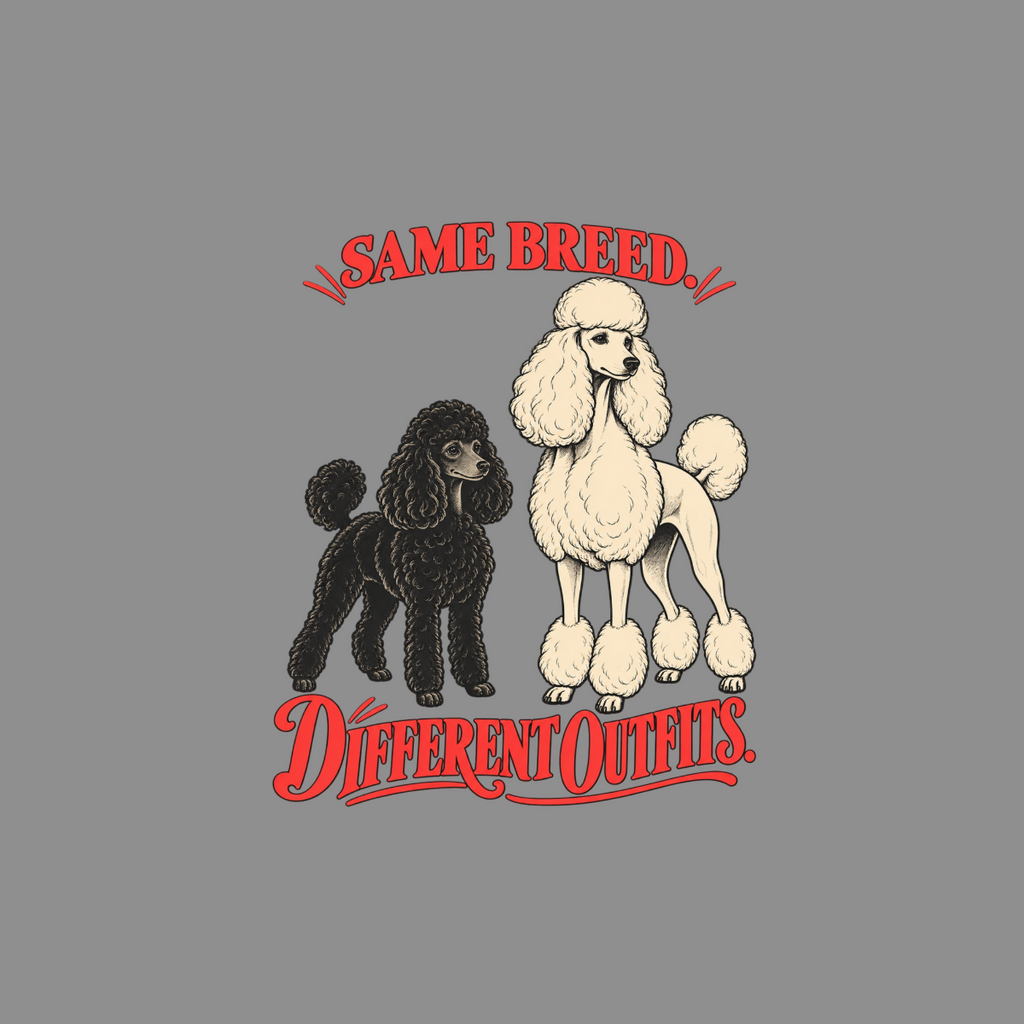 Two poodles, one black and one white, with text "Same Breed. Different Outfits."