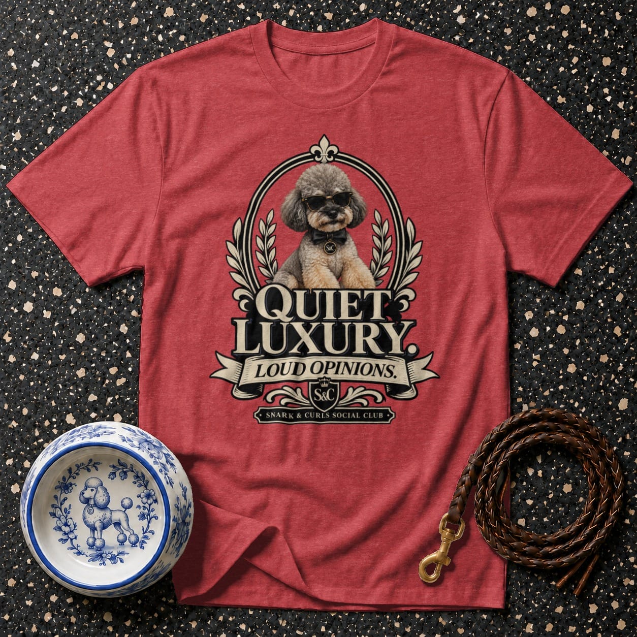 Red t-shirt with poodle wearing sunglasses and text "Quiet Luxury Loud Opinions".