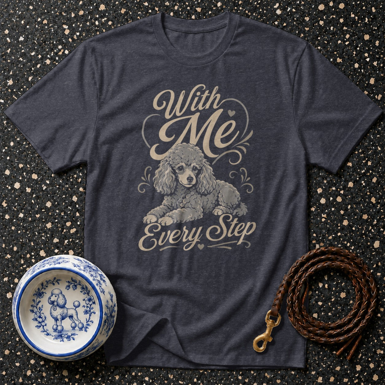 T-shirt with a gray poodle graphic and "With Me Every Step" text.