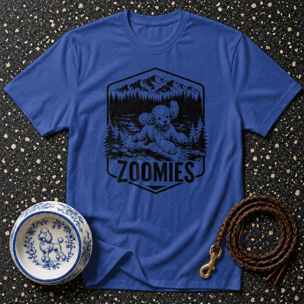 Blue t-shirt with black poodle, forest, and mountain graphic and "Zoomies" text.