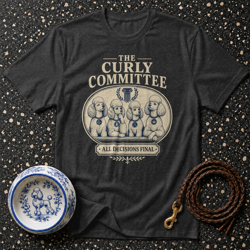 Dark grey t-shirt with "The Curly Committee, All Decisions Final" and four poodles.