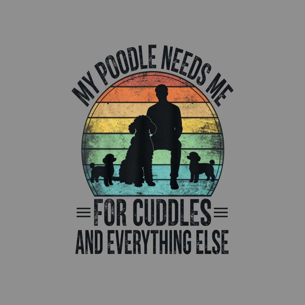 Silhouette of person sitting with three poodles against a sunset.