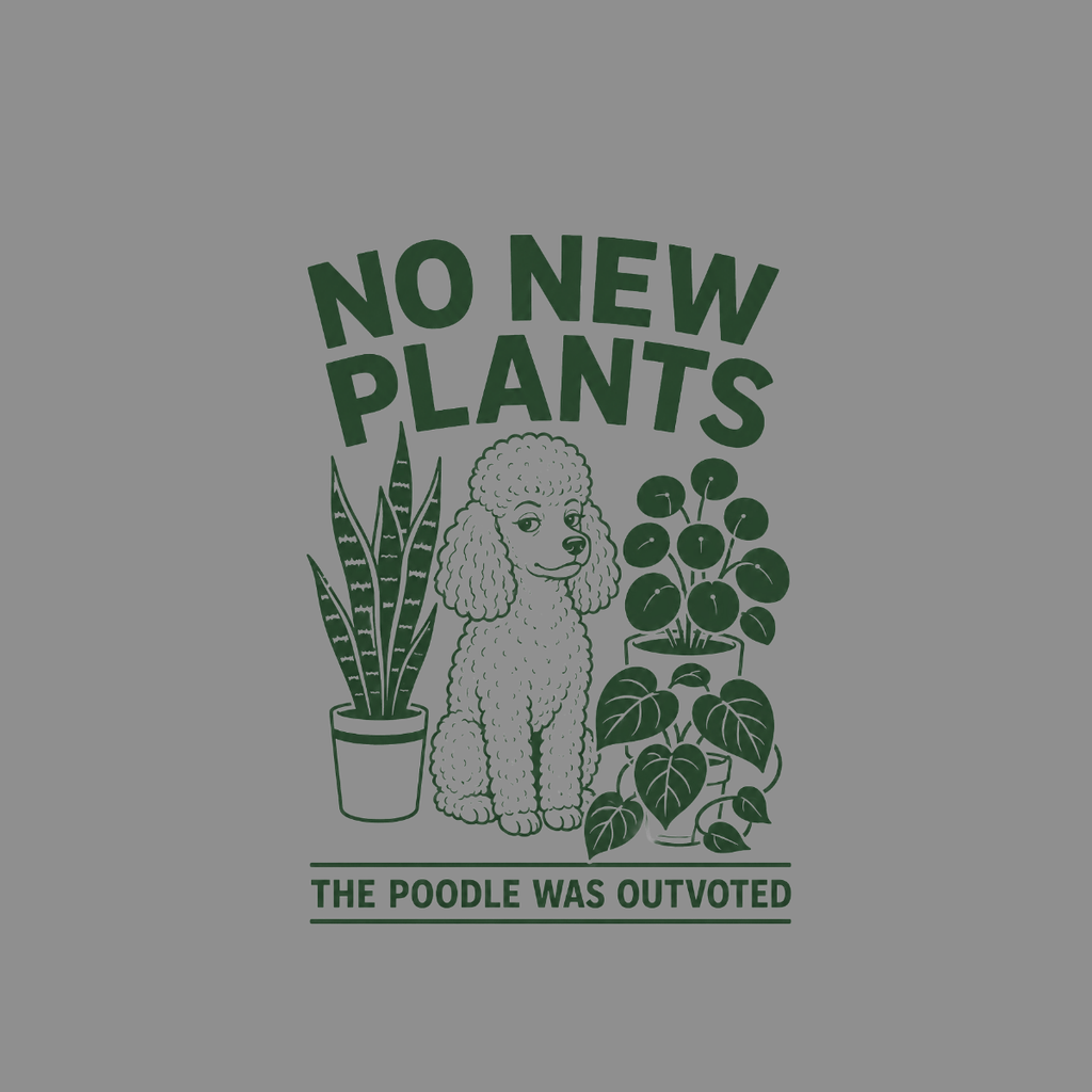 "No new plants" text above a poodle with potted snake plant and money plant.