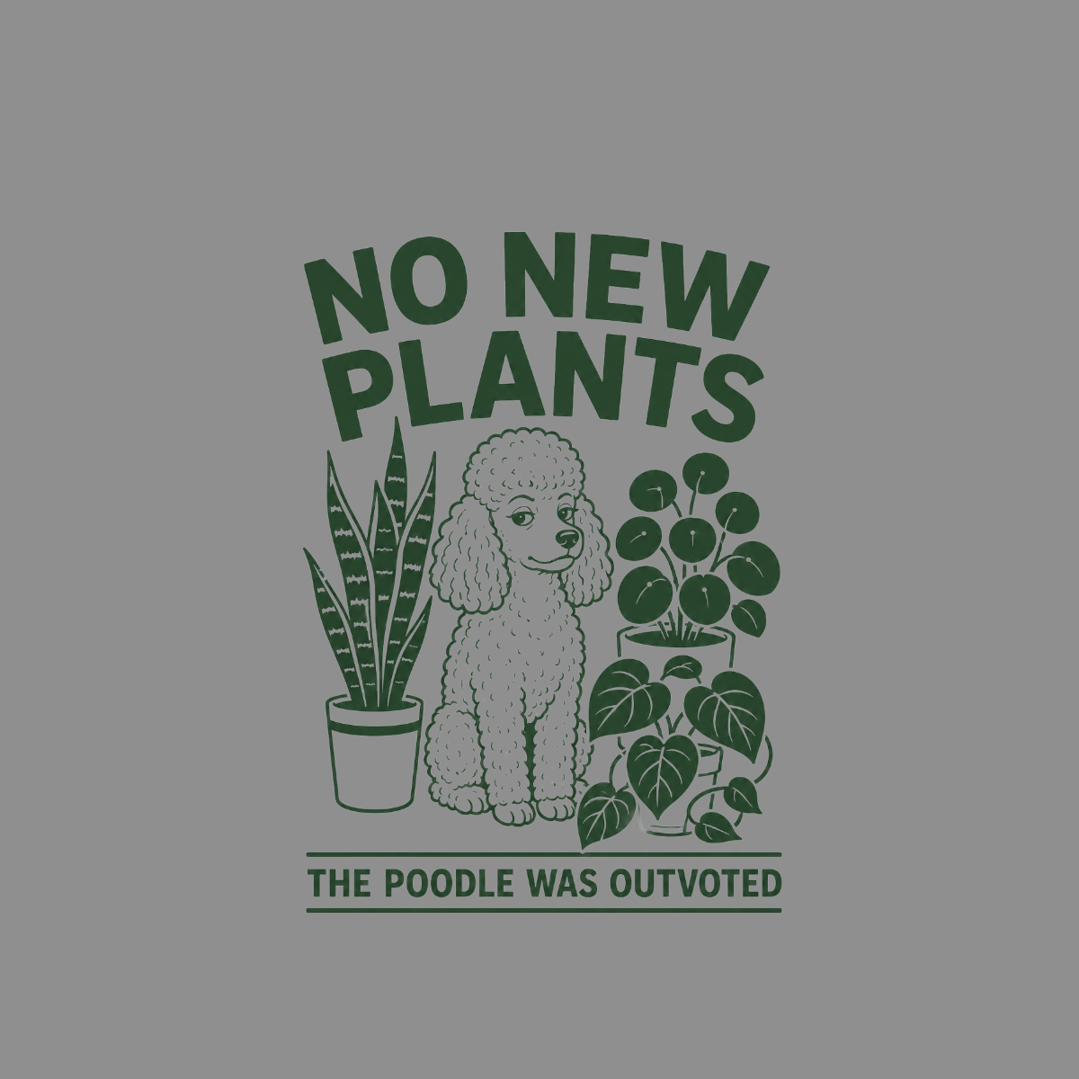 "No new plants" text above a poodle with potted snake plant and money plant.