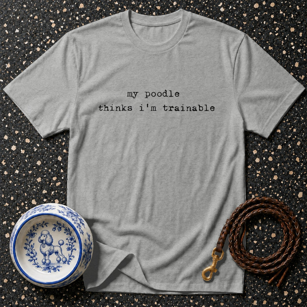 Grey t-shirt with "my poodle thinks i'm trainable" text, dog bowl, and leash.