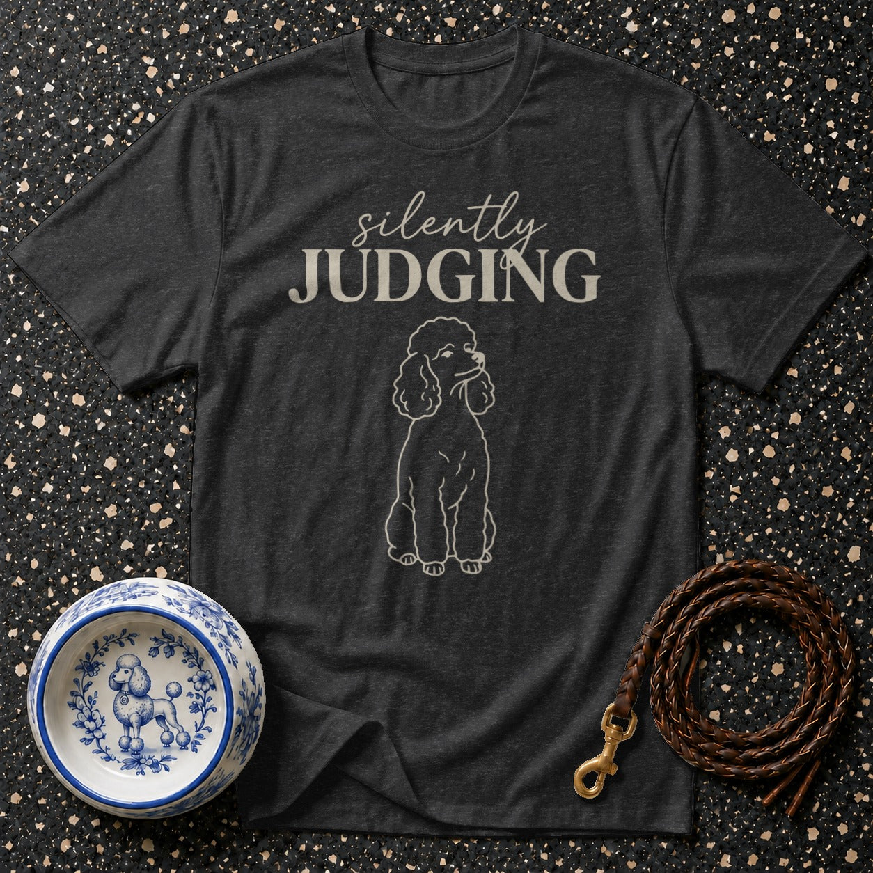 Dark gray t-shirt with poodle graphic and "silently JUDGING" text.
