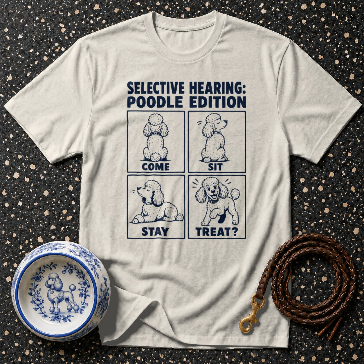 Light gray t-shirt with "Selective Hearing: Poodle Edition" and four poodle illustrations.