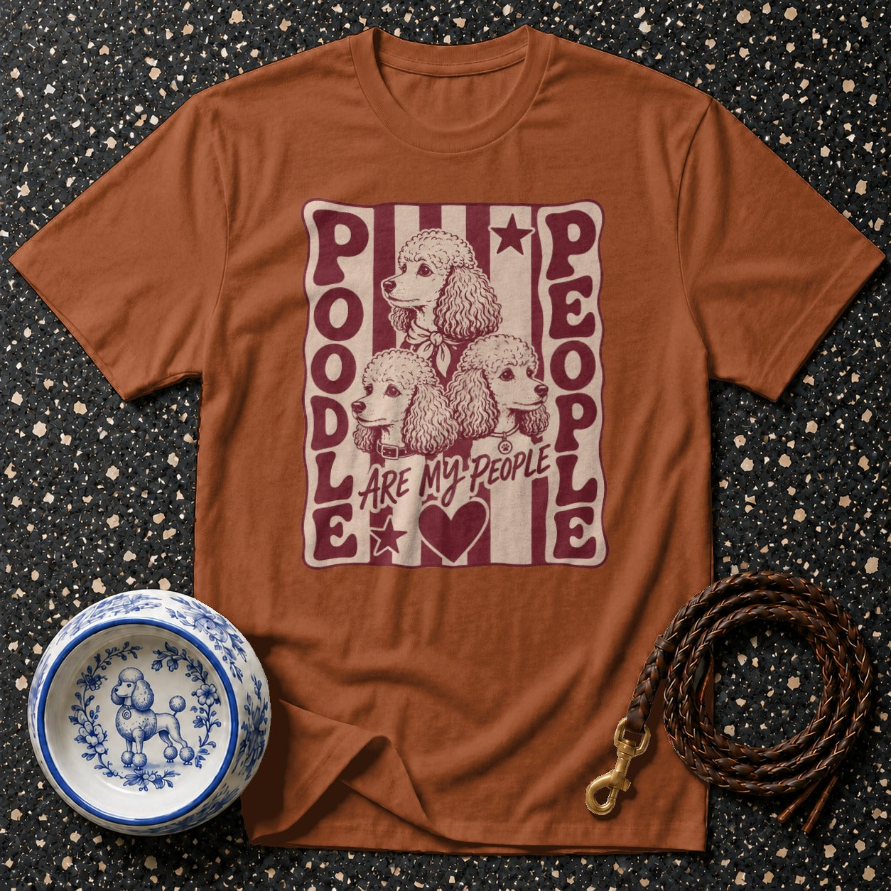 Brown t-shirt with "Poodle People Are My People" text and three poodle heads.