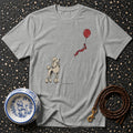 Grey t-shirt with poodle illustration, red balloon, and "absolutely not" text.