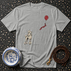 Grey t-shirt with poodle illustration, red balloon, and "absolutely not" text.