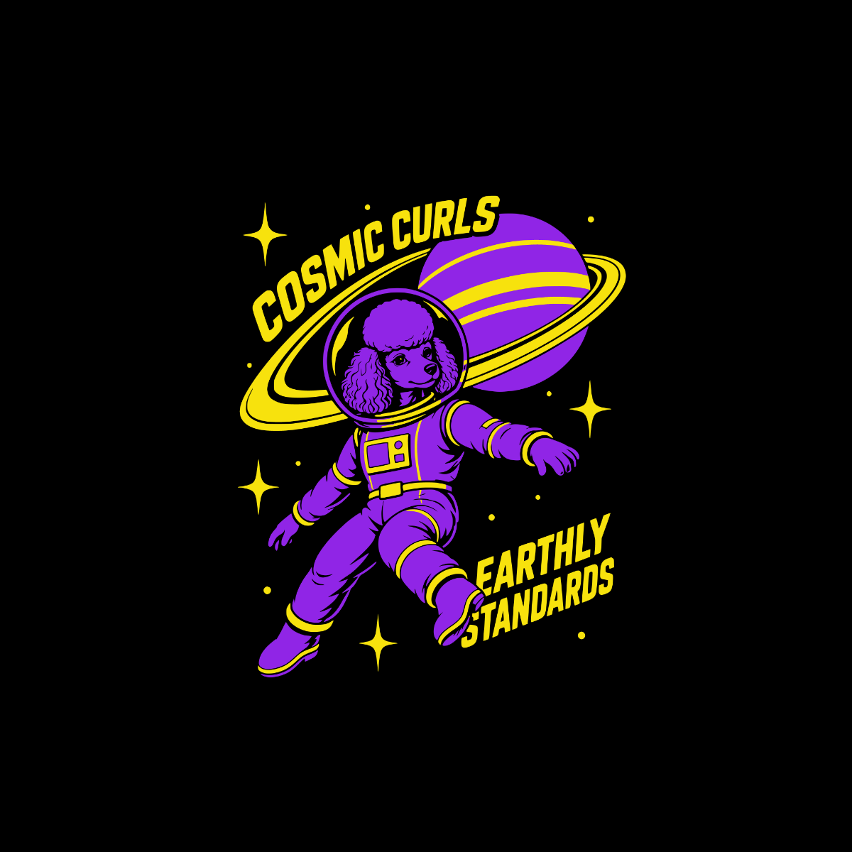 Purple poodle in astronaut suit with planet and text "COSMIC CURLS EARTHLY STANDARDS."